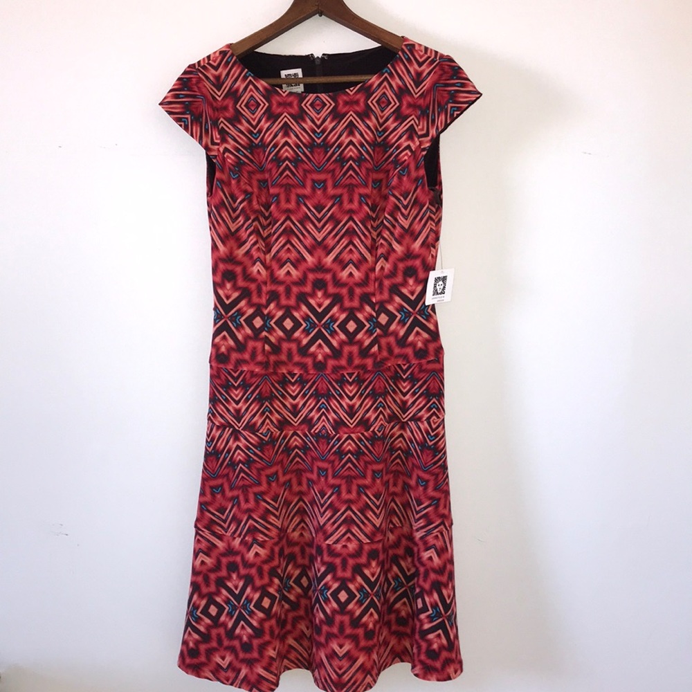 Anne Klein Aztec Burst Swing Dress Red Orange Sz 6